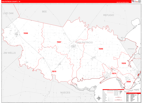 San Patricio County, TX Wall Map Red Line Style